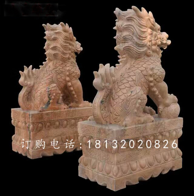 踩球麒麟石雕，晚霞紅麒麟雕塑 (3)