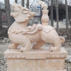 福星高照貔貅雕塑，晚霞紅神獸石雕