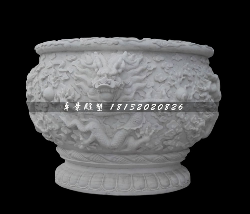 圓形石水缸，漢白玉龍浮雕水盆 (2)