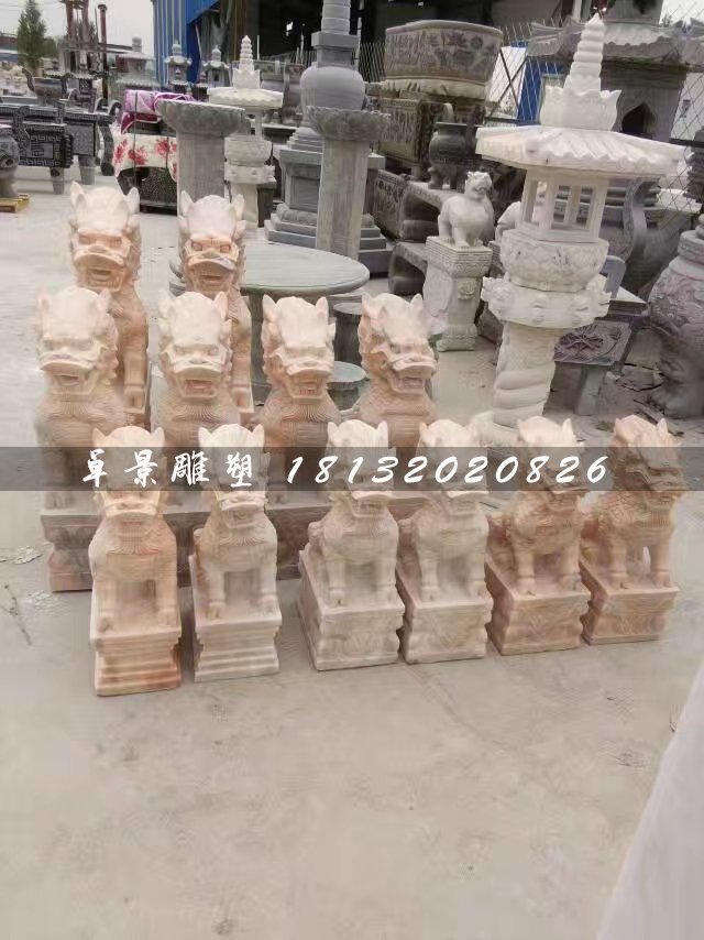 小型麒麟石雕，晚霞紅麒麟雕塑 (1)