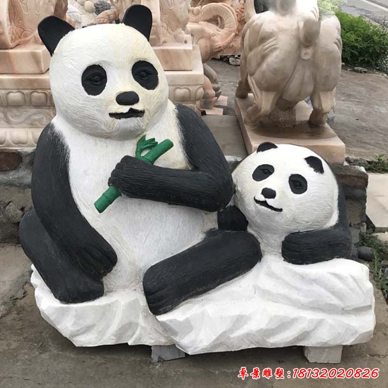 母子熊貓石雕，公園動物石雕