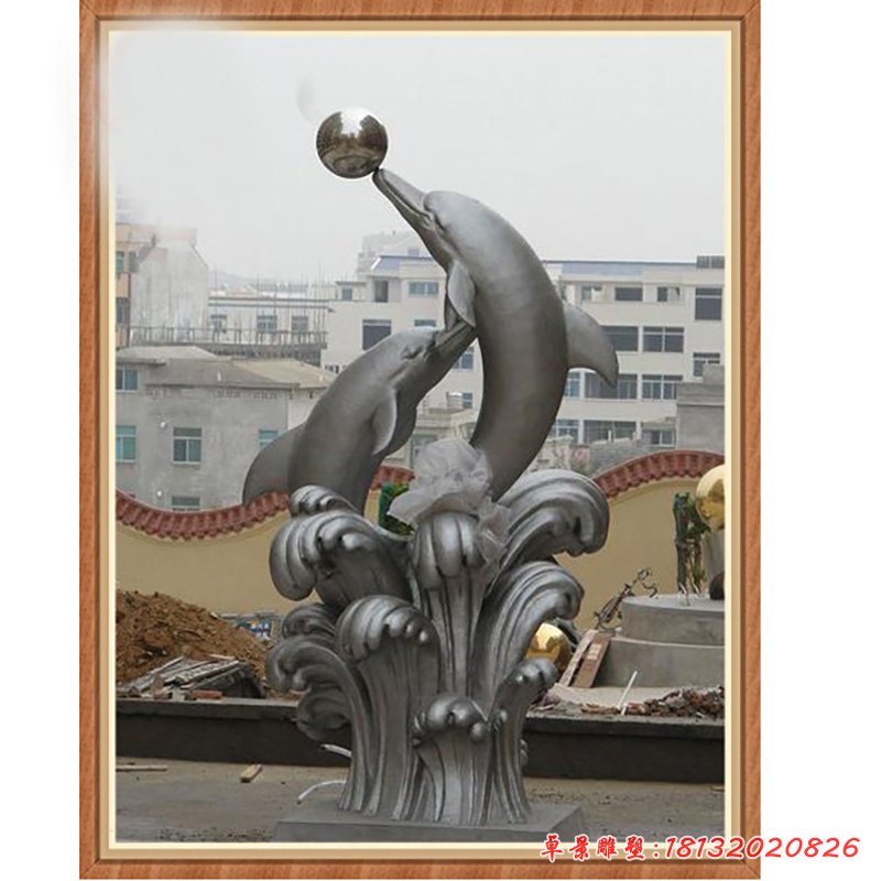 海豚頂球雕塑，公園不銹鋼景觀雕塑