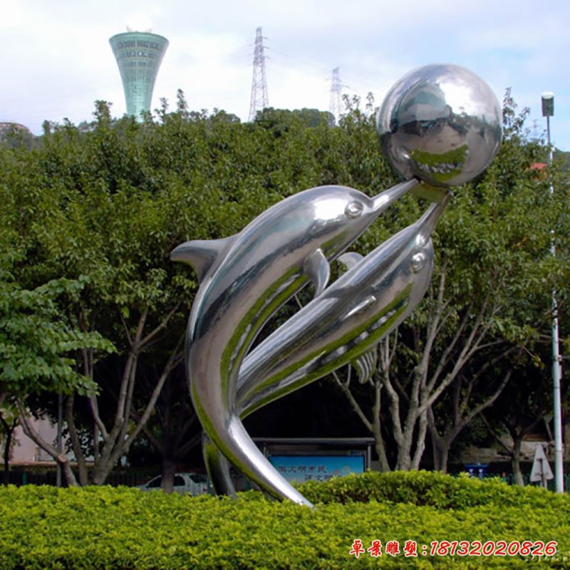 海豚頂球雕塑，公園不銹鋼雕塑