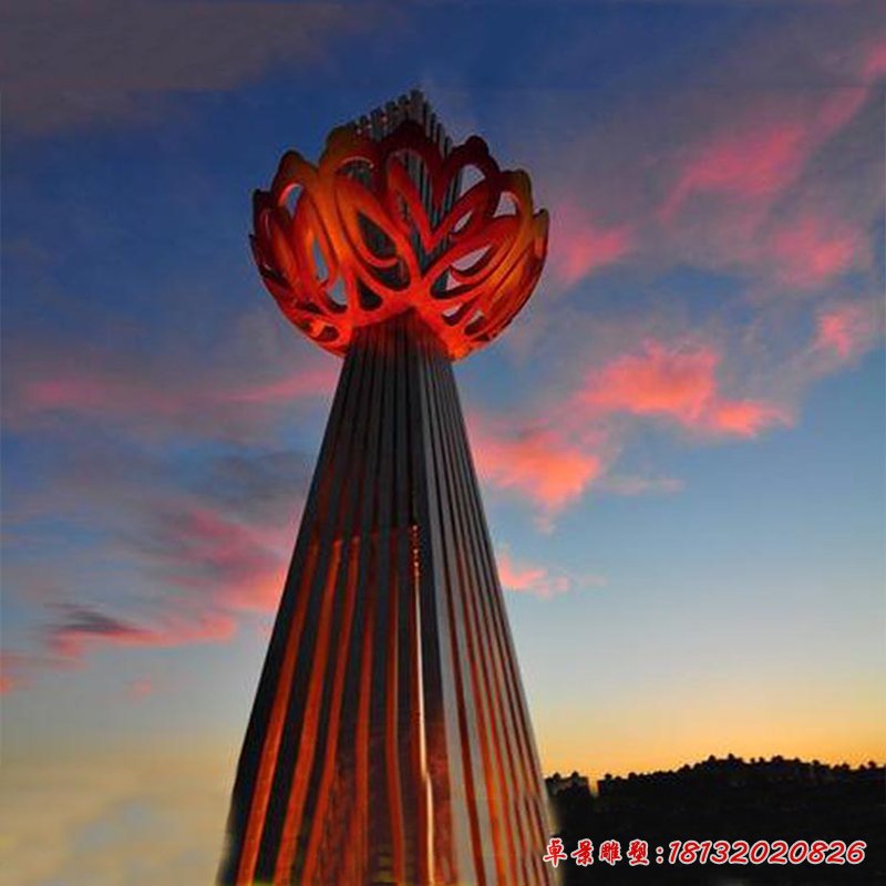 創(chuàng)意抽象紅色鏤空花朵公園景觀，不銹鋼雕塑 (2)
